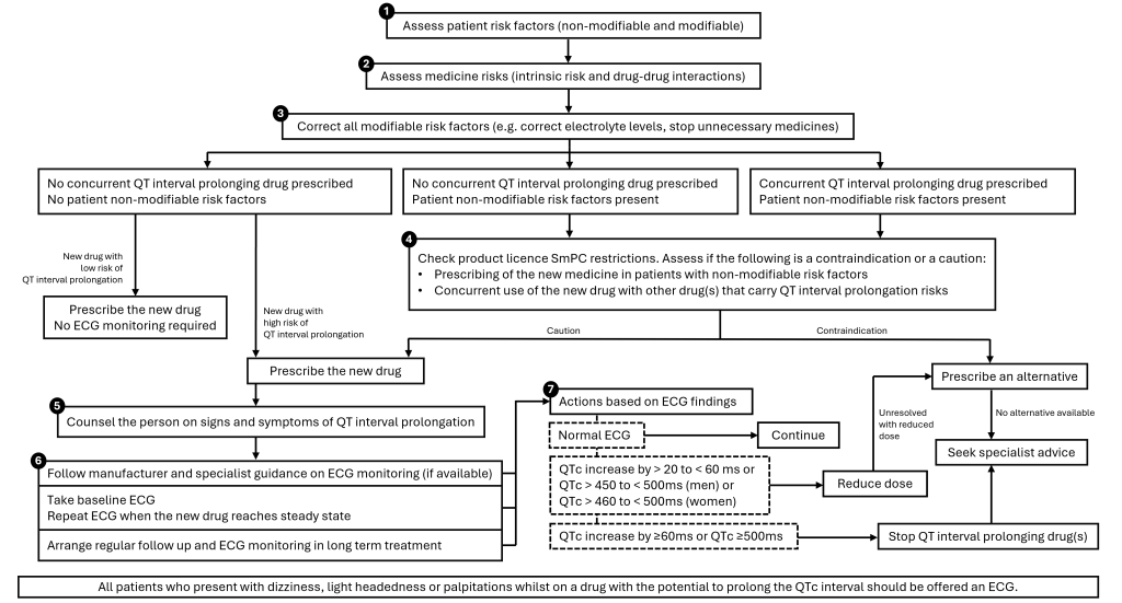 Flow chart of the step-wise process on the assessment and management of medicine QT interval prolongation risk. Flow chart is explained in writing underneath the image.