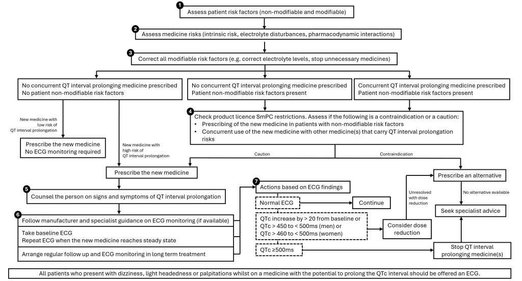 Flow chart of the step-wise process on the assessment and management of medicine QT interval prolongation risk. Flow chart is explained in writing underneath the image.